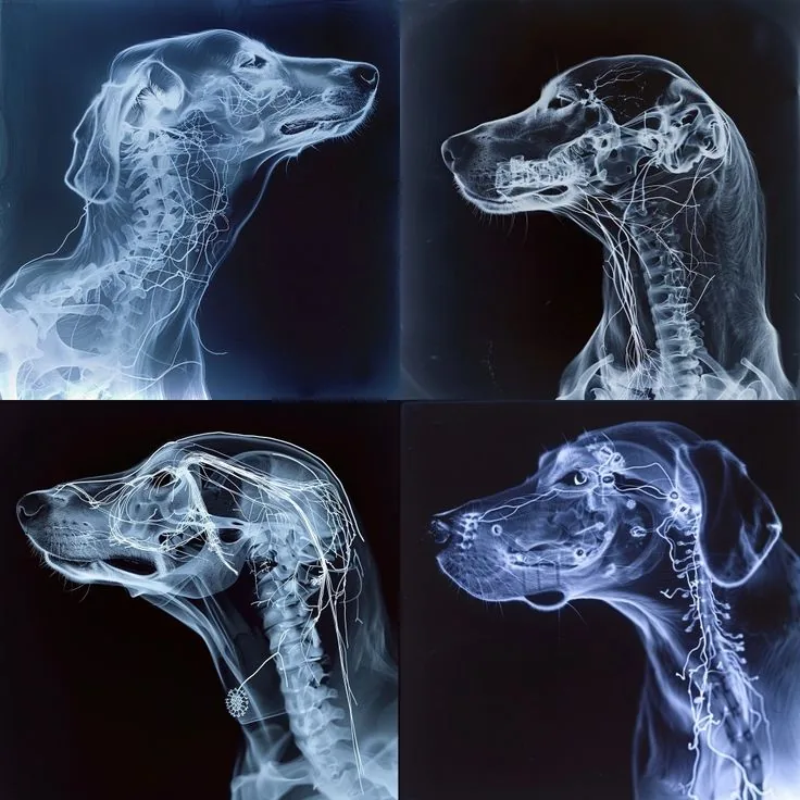 Four X-ray style illustrations of dogs highlighting the skull, spine and nervous system